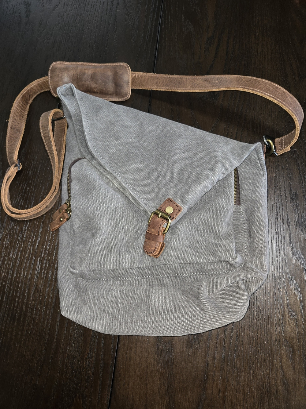 Stylish Gray Canvas Messenger Bag with Brown Leather Trim